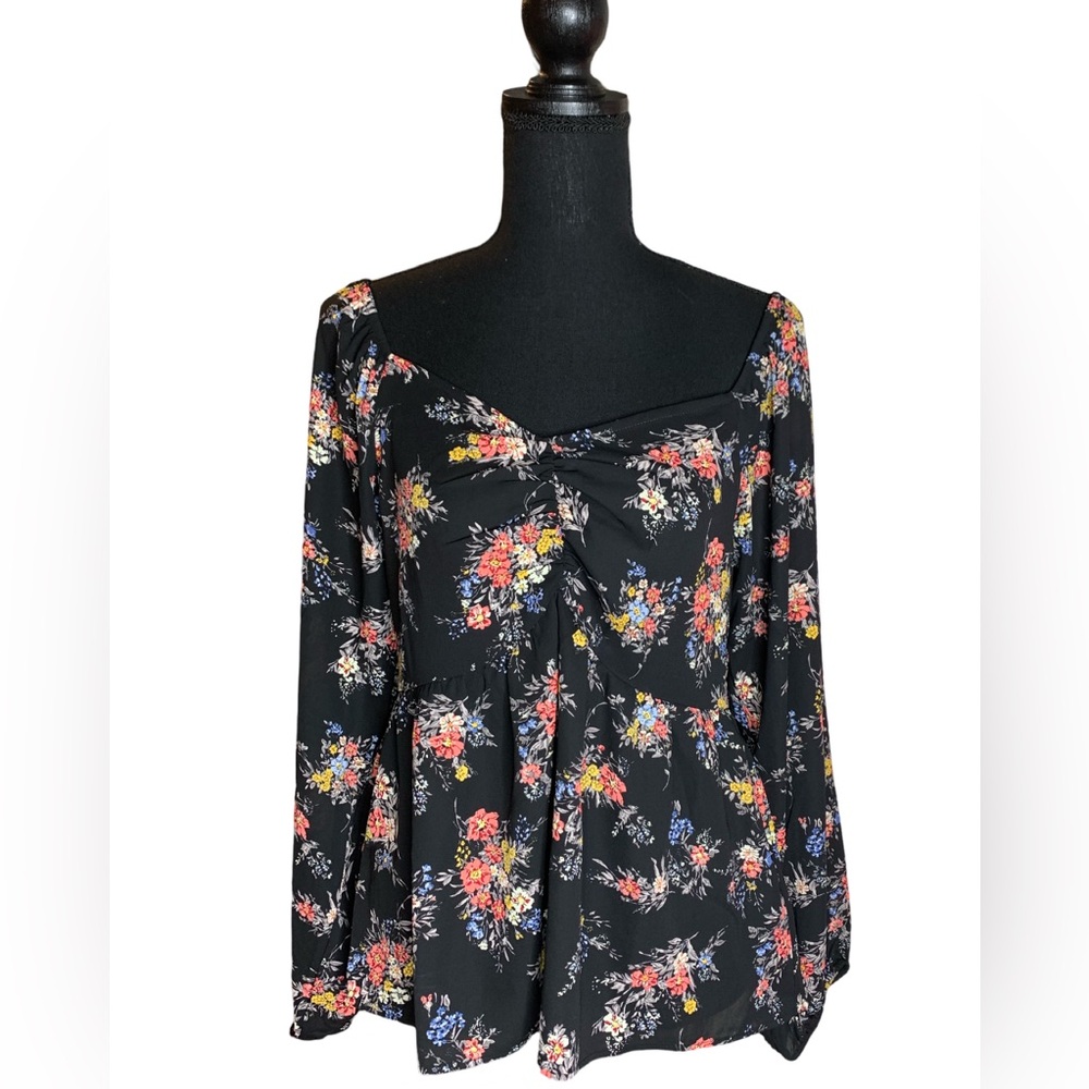 Pleione Size Medium Womens Blouse Black Floral Smocked Long Sleeve Baby Doll Top - Picture 1 of 8